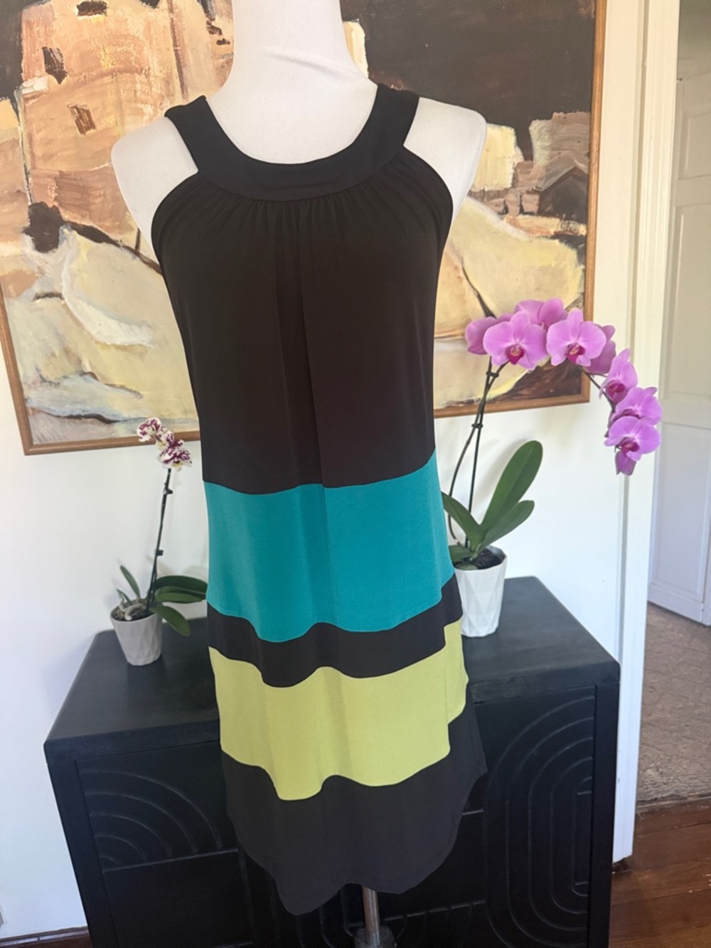 Sweet Storm Black Sleeveless Midi Dress with Teal & Lime Colorblock